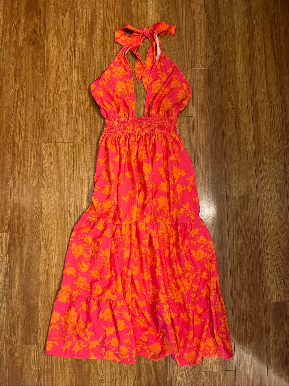 Miss Sparkling Halter Neck Floral Maxi Dress in Hot Pink & Orange. Size Medium.